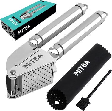 MiTBA Garlic Press Set with Non-Slip Handles - Includes Crusher, Silicone Peeler & Cleaning Brush