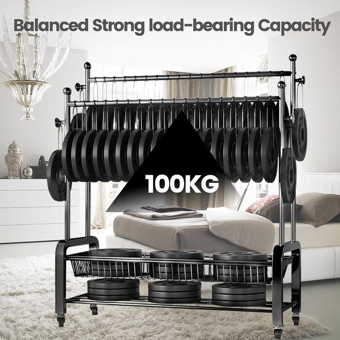 Стійка для одягу на колесах, чорна, з двома перекладинами, подвійне зберігання