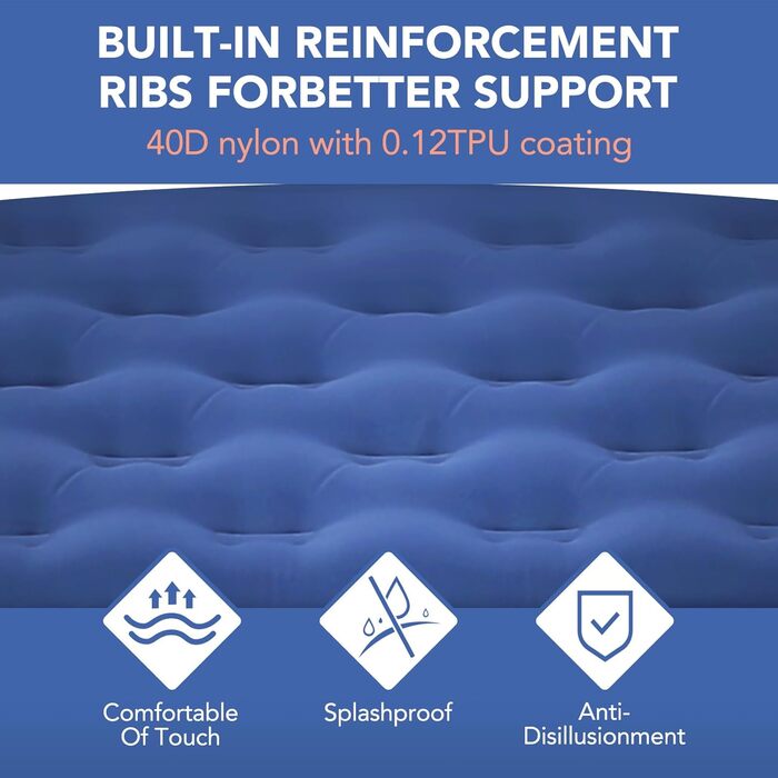 Надувний килимок для кемпінгу Tomshoo з інтегрованим насосом, подушкою та сумкою, блакитний