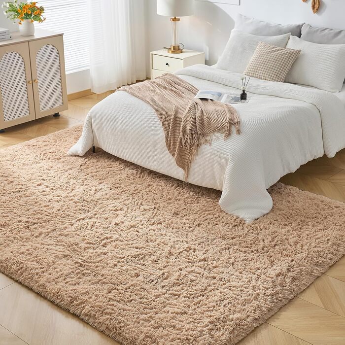 CHOSHOME Килим для спальні, вітальні: м'який, сучасний, з високим ворсом, антиковзаюча підкладка, для дитячої кімнати, шаги, 90x150 см (Бежевий, 150x240 см)
