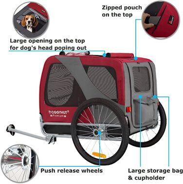 DOGGYHUT® Преміум великий вагон для собак на велосипед, 270 літрів, для середніх та великих собак (ЧЕРВОНИЙ)