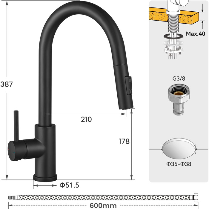 Кран кухонний CECIPA SOFETIY SERIE, чорний, з висувною лійкою, 360° поворот, нержавіюча сталь, двофункціональний
