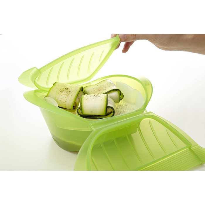 Lékué Steamer Box with Insert Tray, 3-4 People, Platinum Silicone, (Green, 1000 ml)