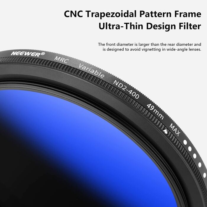 NEEWER Змінний ND фільтр (ND2-ND400, 1-9 ступенів), сірий фільтр, нейтральний фільтр, водонепроникний та стійкий до подряпин (49mm)