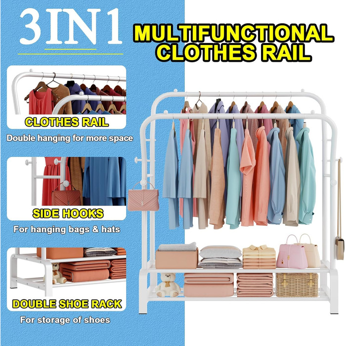 Вішалка для одягу металева подвійна з гачками та полицею для взуття, біла - Stabil