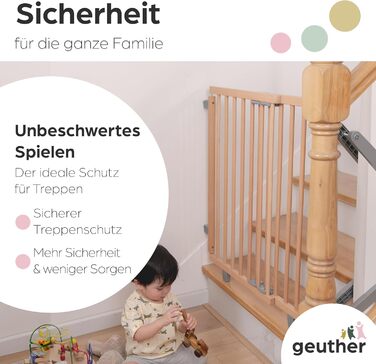 Захист для сходів Geuther Oris | Дверний замок для сходів з кріпленням, ширина 67-95 см | Дверний замок з розсувною дверцятами | Дерев'яне дитяче захисне ворота, натуральний лак 67-95 см