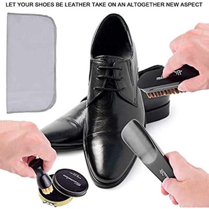 MAXIMILIAN shoe shine kits for leather, shoe care set with black and colorless shoe cream, 2 applicator brushes, soft horsehair brushes, shoehorn, cloth