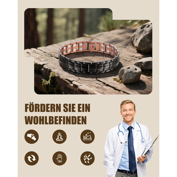 Масивне браслет з міді для чоловіків Jecanori, регульований розмір, магнітний браслет з 3500 Гаусс, подарункова коробка чорного кольору