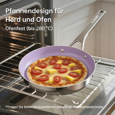 Набір сковорідок з антипригарним керамічним покриттям Tjean (без PTFE, PFOA, PFAS) з нержавіючою ручкою, підходить для індукційних, газових, електричних плит та духовки до 280°C (фіолетовий, 26 см)