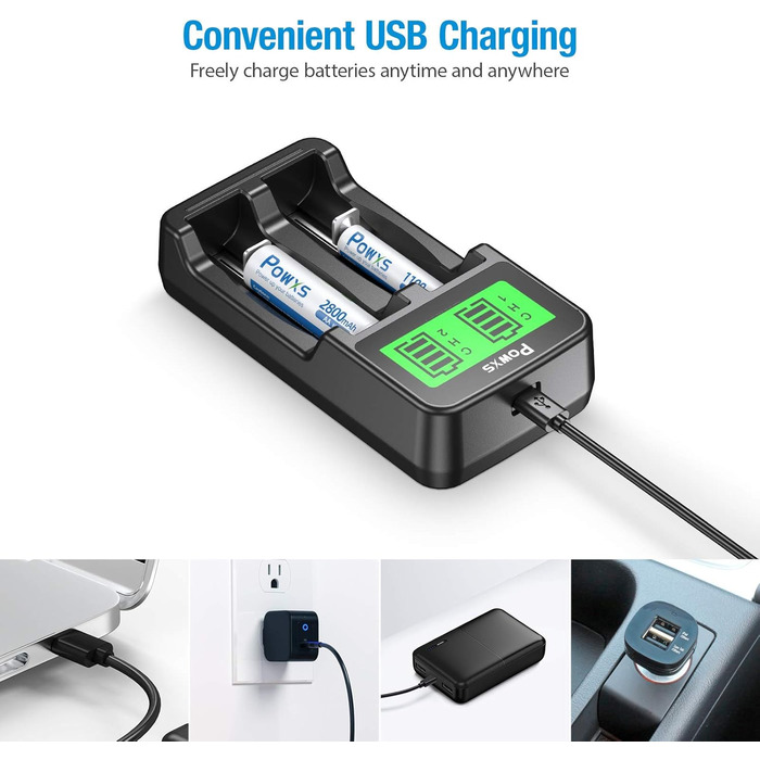 Зарядний пристрій POWXS для акумуляторів 18650 з LCD-дисплеєм та тестуванням, сумісний з Li-Ion, IMR, NI-MH, NI-Cd AA AAA C 26650 21700 10440 RCR123 (2 слоти)