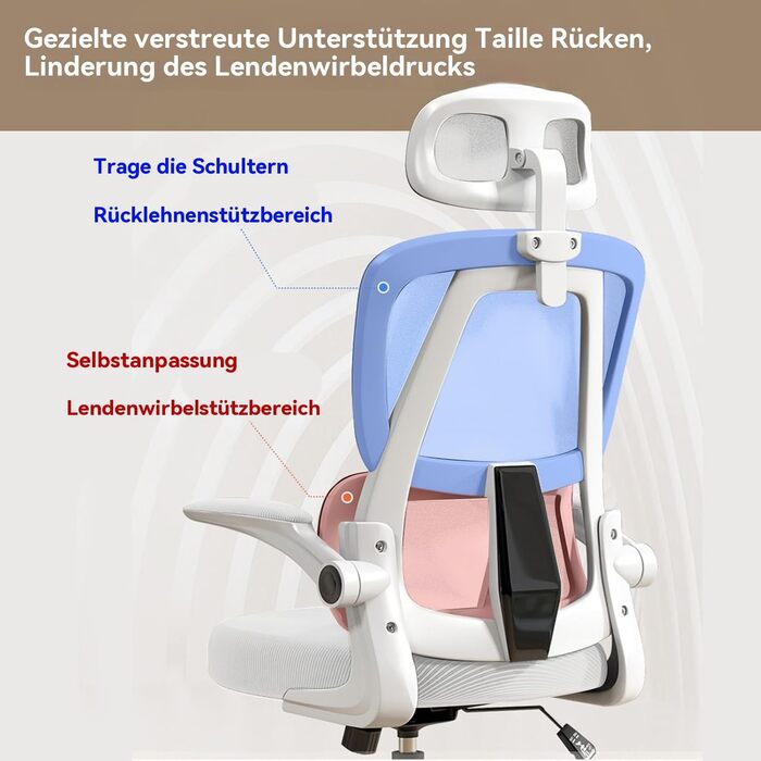 Ергономічне крісло для офісу: регульована висота, підтримка попереку, сітка, відкидні підлокітники | Для дому, ігор, навчання (Білий, Medium)