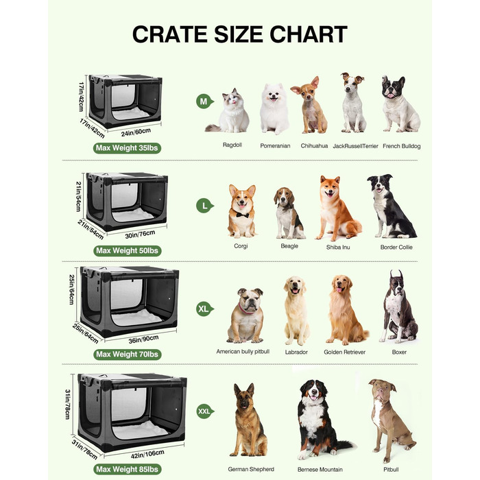 Складана переноска для собак середніх порід, 76x54x54 см (зелена) / 60x42x42 см (сіра), з м'яким лежанком та міцними сітковими вікнами