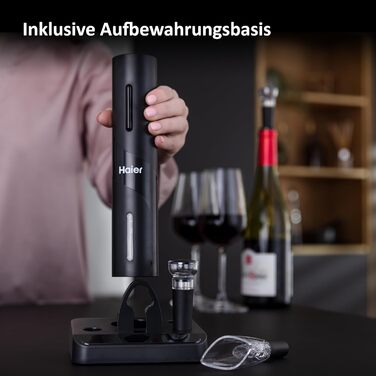 Електричний відкривач вин Haier з нержавіючої сталі: набір з декантером, вакуумним затвором, зрізачем фольги та станцією. Автоматичний відкривач вин Haier - чудовий подарунок для поціновувачів вина. Працює від батарейок.