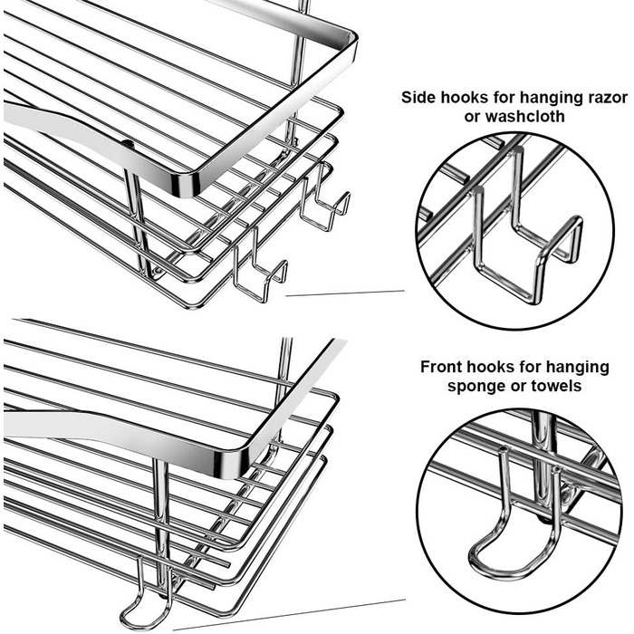 Поличка для душу Orimade без свердління з мильницею та 5 гачками - 3 шт. (срібло)