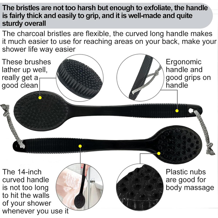 Back Scrub Brush – Curved shower brush with a long handle and medium-stiff bristles for cleaning and exfoliating the body, back scrubber for men and women (black + pink, 2)