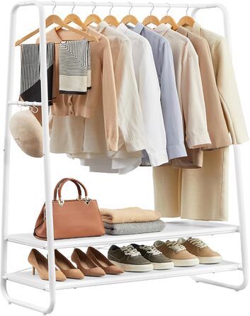 VASAGLE Clothes Rack, Coat Stand, Wardrobe, 2 Shelves, 6 S-Shaped Hooks, Steel Frame, for Bedroom, Hallway, Entrance Area, Cloud White-Matt White RGR112W02
