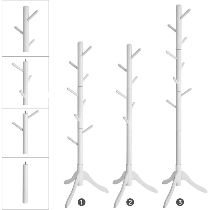 VASAGLE Coat Rack, Solid Wood Clothes Rack, Coat Stand with 8 Hooks, Tree Shape, 3 Adjustable Heights, for Coats, Jackets, Bags, for Entryway, Bedroom, RCR01GY (White)