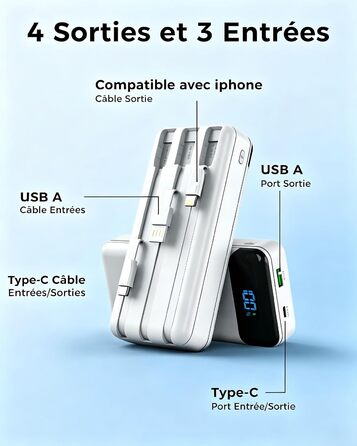 Power Bank Enerwow 27000mAh з USB-C кабелем, 4 виходи/3 входи, LED-дисплей, білий (P300C) - Зовнішній акумулятор для iPhone та інших пристроїв