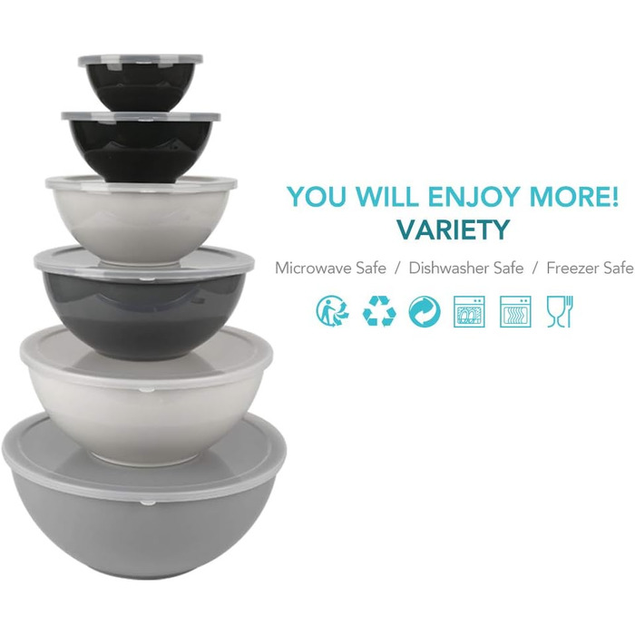 BoxedHome Gray Mixing Bowls Set with Lids, Reusable Mixing Bowl, 12-Pack Mixing Bowl, Plastic Salad Bowl Non-Slip Stackable Serving Bowls for Kitchen (6 Bowls and 6 Lids)