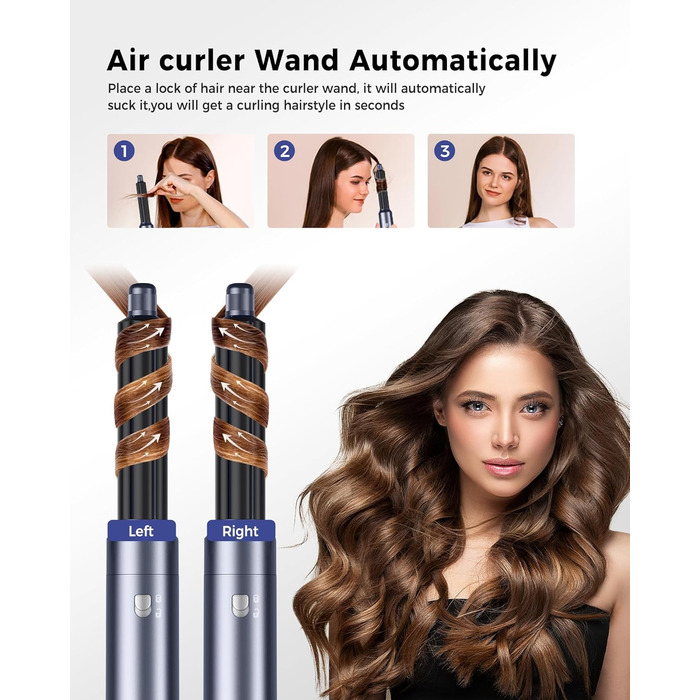 OKWRAP Haarstyler 5-в-1: Airbrush, фен, локони, випрямляч. Набір для волосся з LCD-дисплеєм (блакитний)