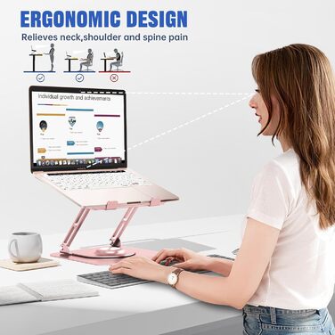 Adjustable Laptop Stand for Desk - 360° Rotating Base, Foldable & Portable - Fits 10-17 inch Laptops (Rose Gold)