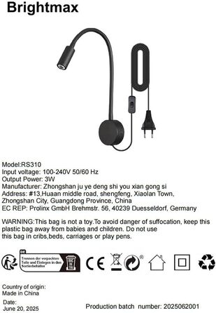 Настінний світлодіодний світильник для читання 3W теплий білий 3000K чорний з вимикачем на шнурі