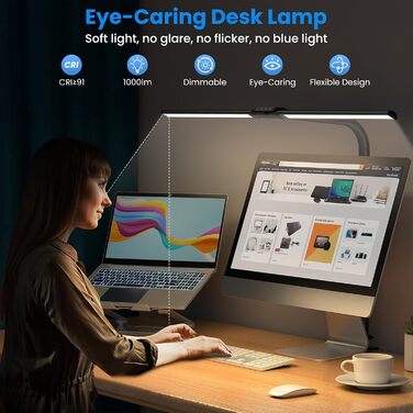 LED настільна лампа Doppelkopf з регулюванням яскравості, 24W, 80см, з кріпленням, захист для очей, денне світло, пульт дистанційного керування, 10 кольорів, 10 рівнів яскравості, USB, для дому та офісу