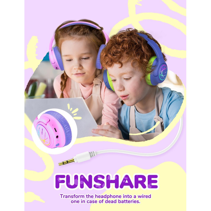 iClever Бездротові навушники для дітей з LED-підсвіткою, обмеження гучності 74/85 дБ, 43 години роботи, стереозвук, Type-C, AUX-кабель, Bluetooth 5.3, для планшетів/подорожей, рожево-фіолетові
