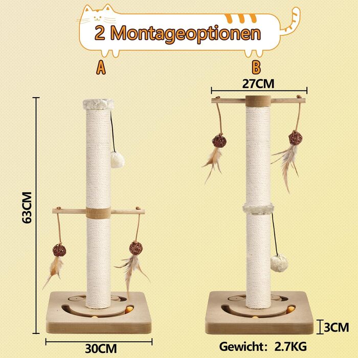 Котяча кігтеточка AUSCAT з іграшками, 63 см, бежева. Кігтеточка-стовп з натурального сизалю в сучасному дизайні