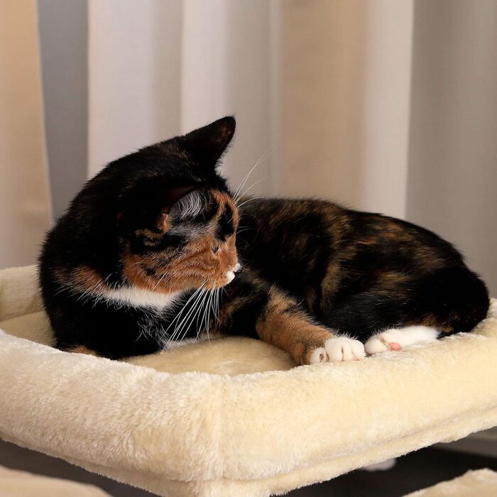 Cat scratching post with a cozy lying area & cave, height 50 cm, cat tree with plush ball incl. bell, sisal rope & soft plush, suitable for small & large cats, beige