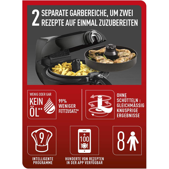 Аерофритюрниця Tefal ActiFry Genius XL 2в1, 1,7 кг, 9 програм, для 8 осіб, з мішалкою, без олії, чорна