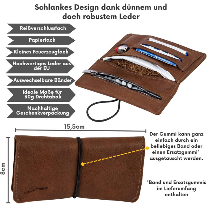 SIMARU Leather Tobacco Pouch for 30g Tobacco Bag, Roller Pouch made of Genuine Leather with Filter Compartment & Rolling Paper Holder (Brown)