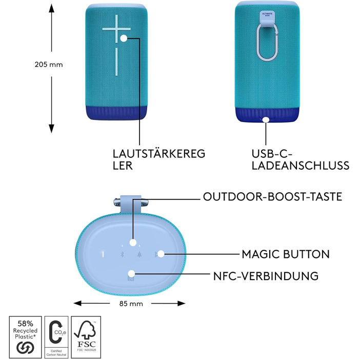 UE EVERBOOM Bluetooth колонка портативна водонепроникна IP67, 20 год автономії, 55м радіус дії, глибокі баси, 360° звук - Синій