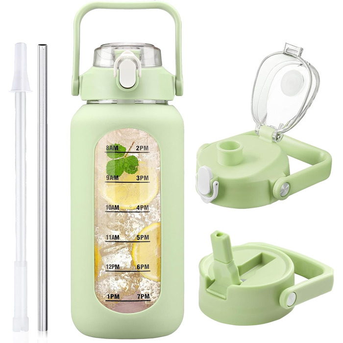 2L Glass Water Bottle with 2 Lids, Flip and Tumble, Lid, 2 Liter Large Water Jug with Time Marker and Silicone Sleeve, BPA-free, Leak-proof for Sports Gym, (Light Green)