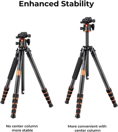 Штатив для камери K&F Concept 156 см, карбоновий, знімний монопод, кульова головка 360°, вантажопідйомність 15 кг, A255C2+BH-36L