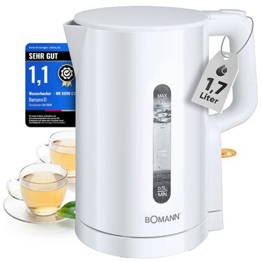 Електричний чайник Bomann WK 6090 CB (1,7л, 2200W, білий) з нержавіючої сталі, BPA Free, з індикатором рівня води та захистом від перегріву