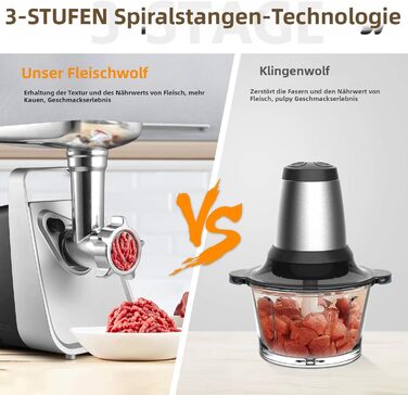 М'ясорубка електрична CHEFFANO 2000W з насадками для ковбас та кубебе, нержавіюча сталь, чорна