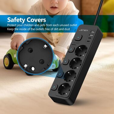 Мережевий адаптер JSVER на 5 розеток з індивідуальним вимикачем, 2 USB-A та 2 USB-C (17W), мережева стрічка з USB для столу з кабелем 2м для смартфонів, ноутбуків - білий (чорний 4-розеточний)