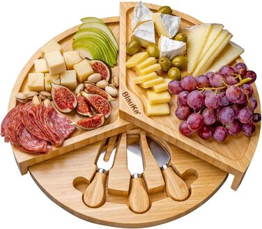 Bamboo Cheese Board with Cheese Knife Set – 37cm Round Wooden Serving Platter for Cheese and Appetizers – Rotating Cheese Board – Cheese Board Charcuterie Board – Gift Idea