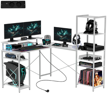 HOMCOM L-Shaped Gaming Desk with Shelf, Computer Desk with Monitor Stand, Power Outlet, USB Charging Port Corner Desk for Home Office, Bedroom, 137 x 140 x 139.5 cm White | Aosom