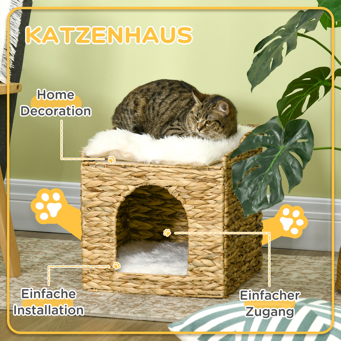 PawHut Ротандова кімната для котів PawHut з 2 рівнями, подушка, ротанг Пальма, коричнева, до 5 кг | Aosom