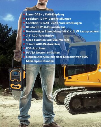 Радіо для будівельного майданчика DAB+ FM з Bluetooth 5.0, 16W стерео, акумулятор 8000mAh (18h), USB зарядка, Aux, вологозахист, пилозахист (жовто-чорне)