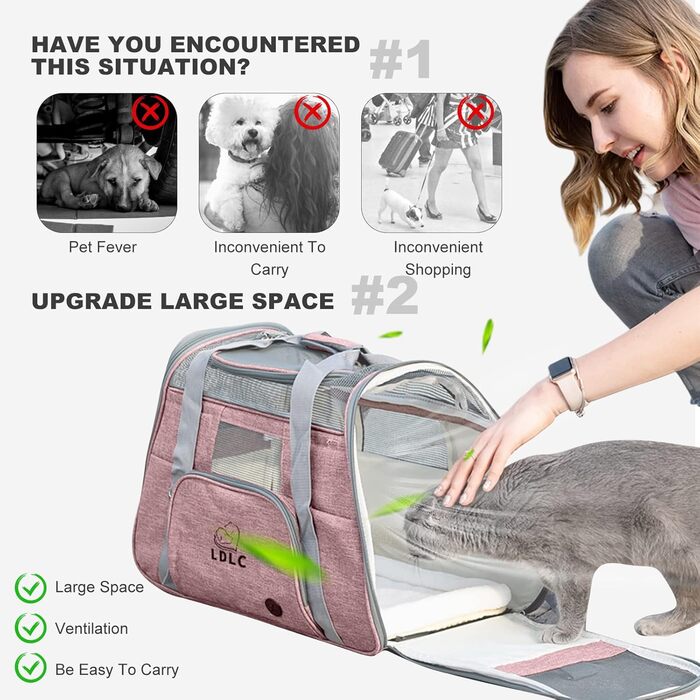 Транспортна переноска для собак та котів PETCUTE, переноска для тварин з м'яким матрацом, тканина Oxford, з регульованим ременем, відповідає стандартам авіакомпаній (Рожева, 51 x 23 x 35 см)