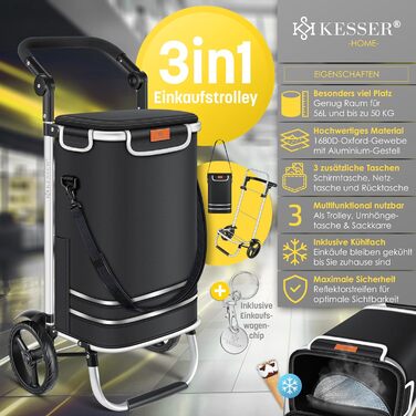 Розкладний візок KESSER® для покупок з великою місткістю 56 л та вагою до 50 кг | 3-в-1: візок, візок-мішок, сумка через плече | Зі зручним відсіком для охолодження та підіймачем для сходи | Чорний
