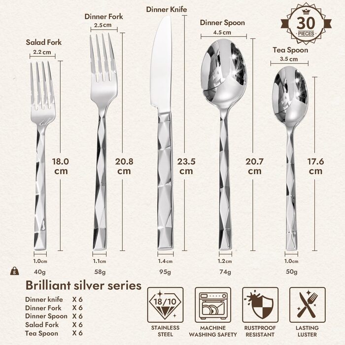 Набір столових приборів HIKAA на 6 осіб (30 предметів), нержавіюча сталь 18/10, полірування з діамантовим візерунком - для дому, весілля, святкування