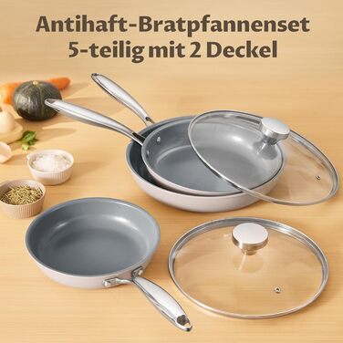 Набір сковорідок Induktion 5-ти частинний, антипригарне покриття, 20/24/28 см, молекулярно зв'язане дно, без PTFE, сумісний з усіма плитами, для духовки, сірий
