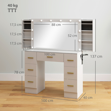 HOMCOM Vanity Table with Mirror and 12 LED Lights - Dressing Table with 7 Drawers, 6 Hidden Storage Compartments, Particleboard, White