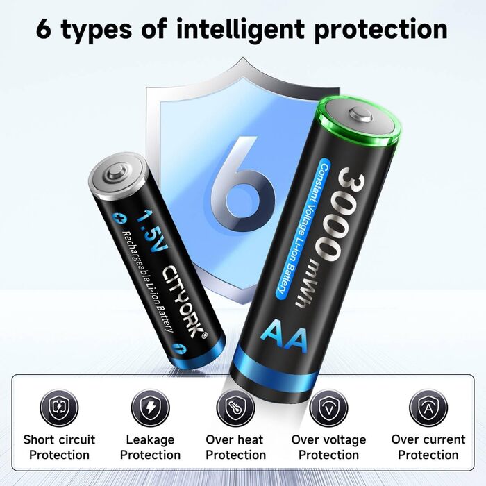 CITYORK Акумулятори AA Li-Ion, 4 шт., 1.5V, 3000mWh, з зарядним пристроєм Bay LCD Micro USB, швидка зарядка, захист від перевантаження