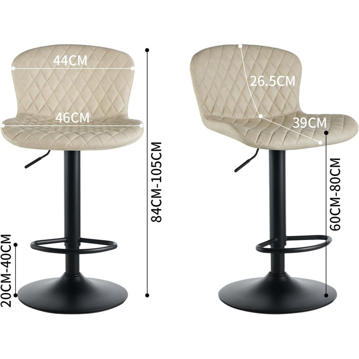 JaHECOME Faux Leather Bar Stools Set - Adjustable Height, 360° Swivel, Padded Seat for Bar, Kitchen, Bistro, Counter, Dining Room & Cafe (2, PU Beige)