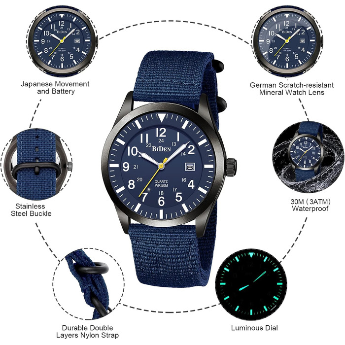 HANPOSH чоловічий годинник: тактичний годинник для військових, армійський годинник з датою, водостійкий (3ATM), кварцовий годинник для активного відпочинку та спорту (блакитний, сірий, блакитний)